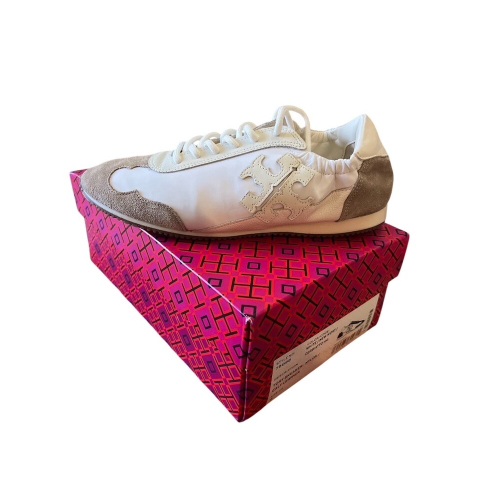 Tory Burch Double T Trainer Sneakers Womens Size 7 Beige White Low Top